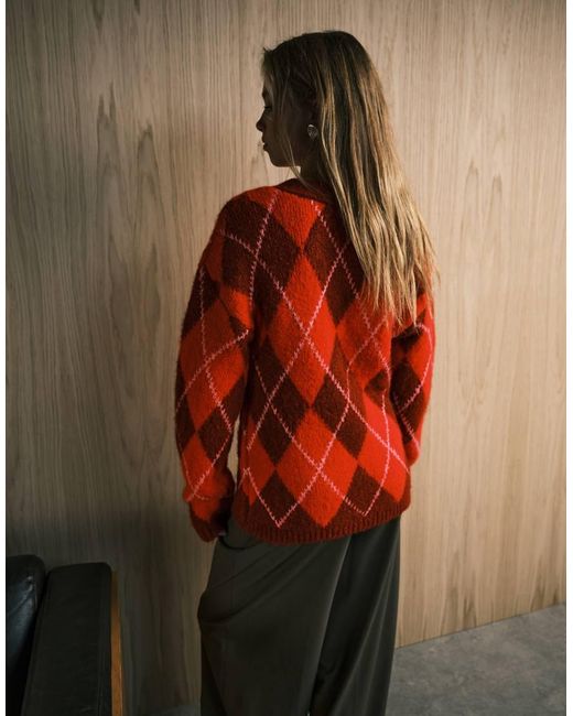ASOS Red Argyle Brushed Boyfriend Cardigan