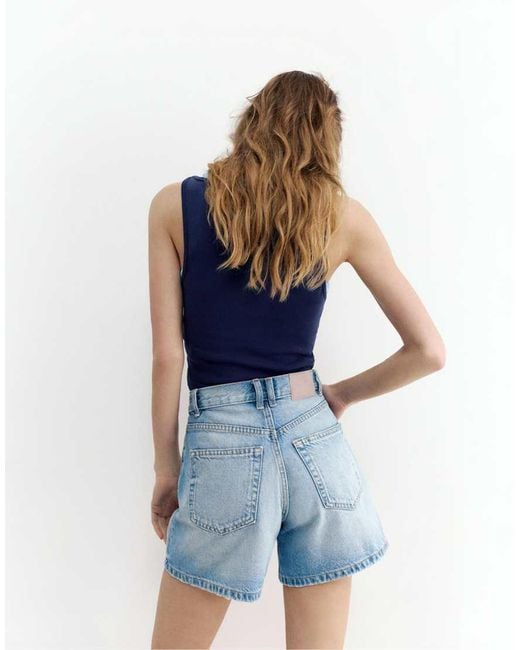 Pull&Bear Blue Mid-Waist Denim Bermuda Shorts