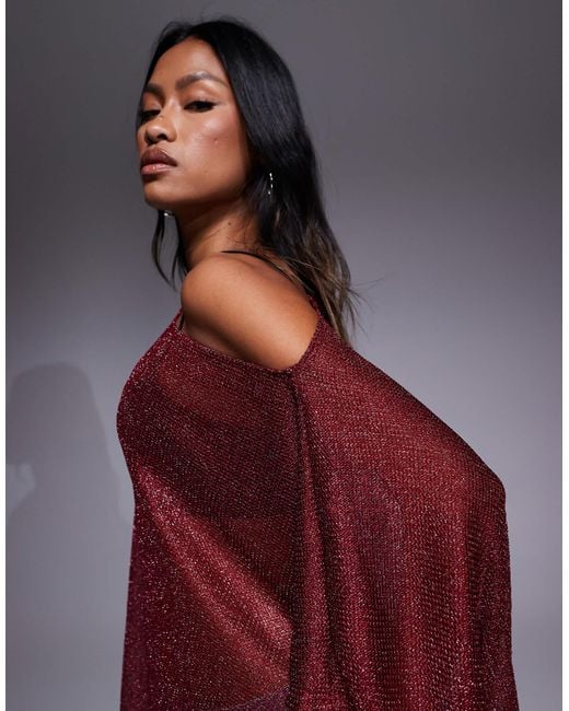 ASOS Red Sheer Metallic Oversized Slouchy Off Shoulder Cape Top