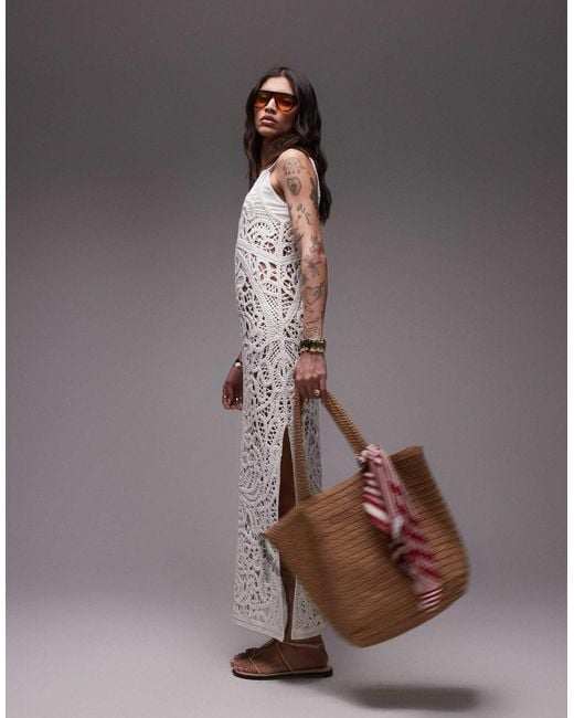 TOPSHOP Knitted Premium Crochet Maxi Dress in Gray | Lyst
