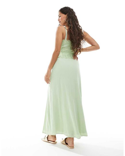 Miss Selfridge Green Cheesecloth Maxi Corset Dress With Ribbon Trims