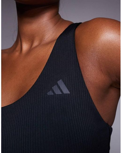 Adidas Originals Blue Adidas Training Optime Ribbed Light Support One Shoulder Sports Bra