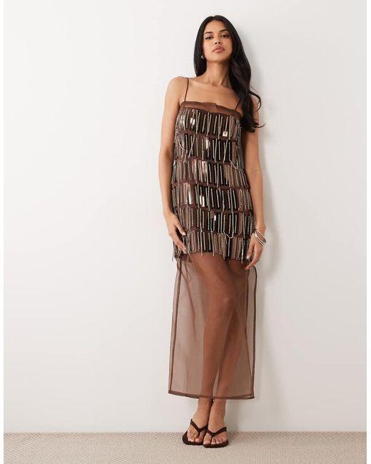 ASOS Brown Cami Embellished Sheer Mix Column Maxi Dress