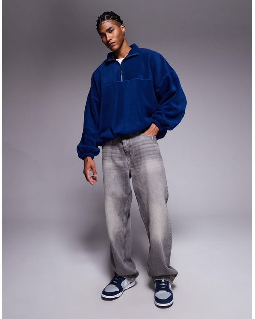 ASOS Blue Extreme Oversized Quarter Zip Funnel Neck Fleece Sweatshirt for men