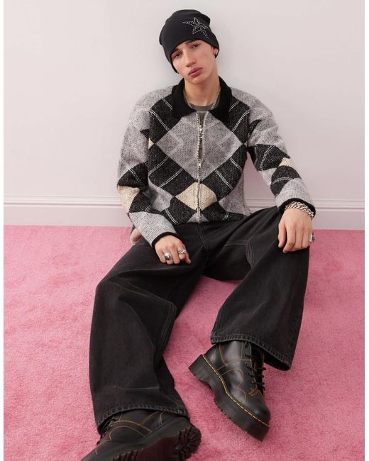 Reclaimed (vintage) Pink Argyle Collared Zip Through Knitted Jumper for men