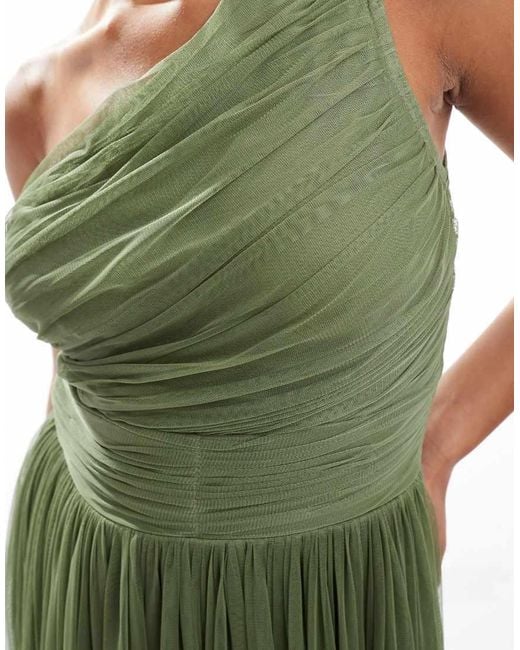 LACE & BEADS Green Bridesmaid One Shoulder Tulle Maxi Dress