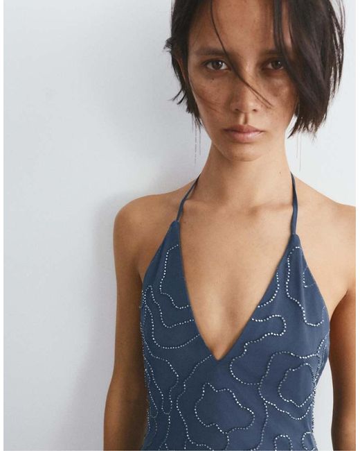Pull&Bear Blue Short Halter Beaded Dress