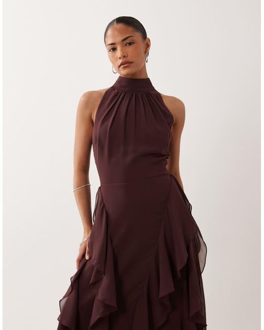 LACE & BEADS Brown High Neck Backless Ruffle Maxi Dress