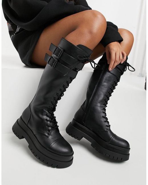 Bershka Black High Leg Lace Up Boot With Cleated Sole