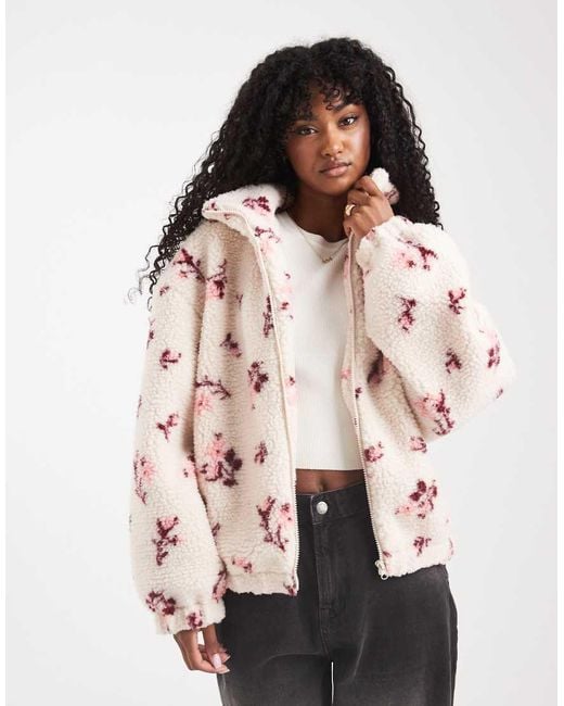 Miss Selfridge Natural Floral Borg Zip Through Jacket