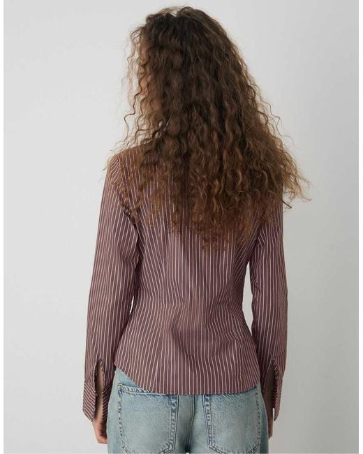 Stradivarius Brown Basic Striped Fitted Shirt