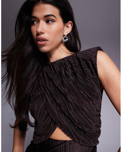 ASOS Plissé Gedrapeerde Hoogsluitende Maxi Jurk Met Uitgesneden Taille in het Black