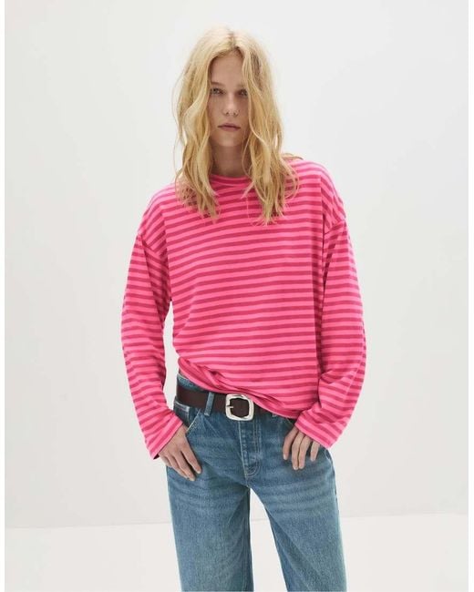 Pull&Bear Red Long-Sleeve Striped T-Shirt