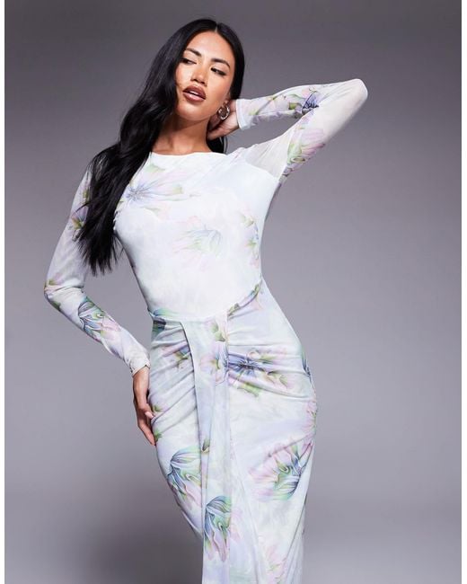 ASOS Blue Mesh Long Sleeve Slash Neck Open Back Maxi Dress With Sash