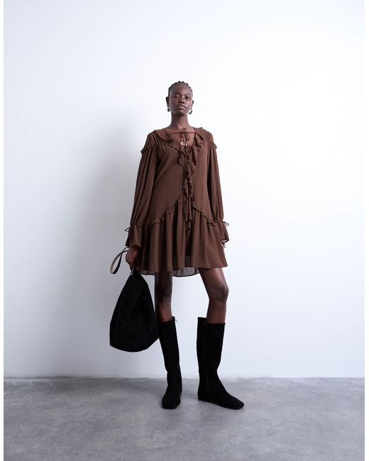 Robe courte à coutures ondulées et manches poète - café TOPSHOP en coloris Brown