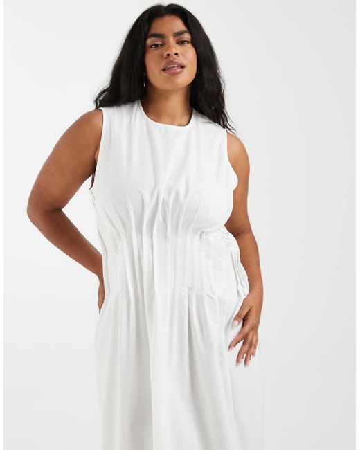 Vero Moda White Poplin Pleated Waist Sleeveless Midi Dress