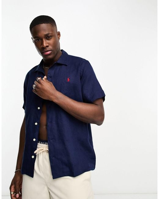 Chemise classique en lin à col à revers et manches courtes avec logo  emblématique Polo Ralph Lauren pour homme en coloris Bleu | Lyst