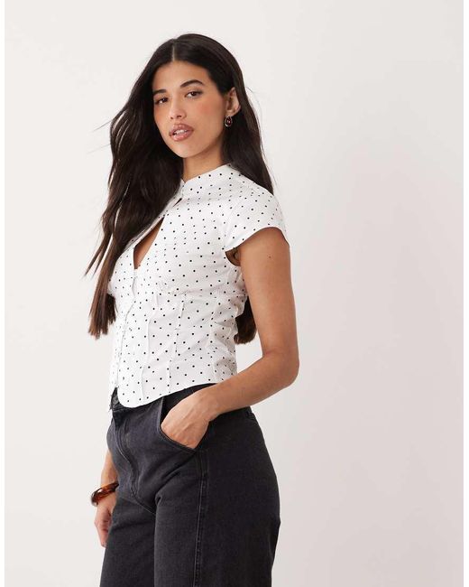Gina Tricot White Keyhole Short Sleeve Blouse With Corset Details