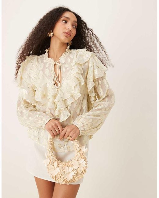 Never Fully Dressed Natural Boho Ruffle Metallic Jacquard Blouse