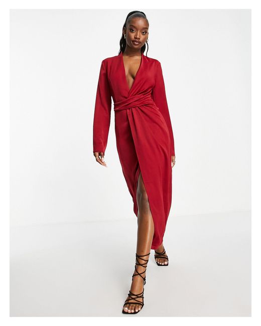 Aria Cove Satin Plunge Front Maxi Dress With Thigh Split in Red Lyst
