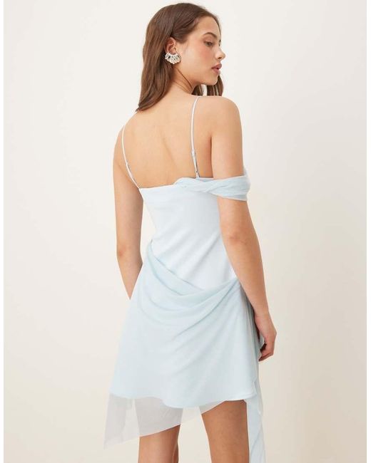 ASOS Blue Foam Mini Dress With Draped Mesh Overlay And Asymmetric Hem