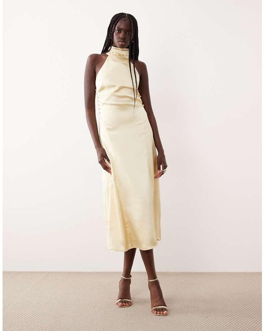 Pretty Lavish Natural Satin High Neck Cut Out Back Midaxi Dress