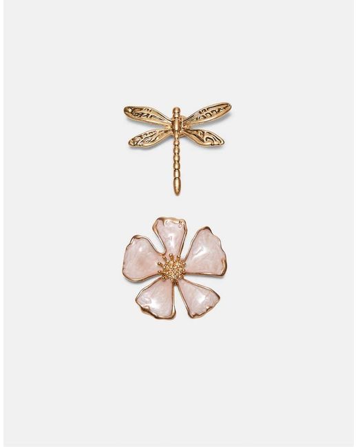 Stradivarius White Set Of 2 Dragonfly And Flower Brooches