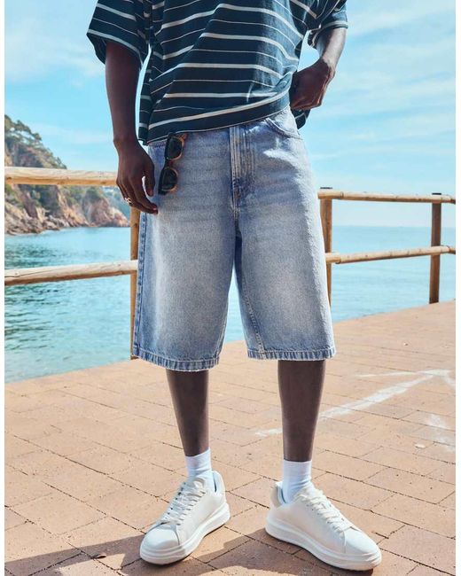 Bershka Blue Baggy Denim Bermuda Shorts for men