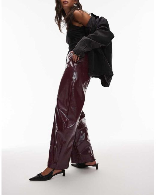 ASOS Red Faux Leather Barrel Leg Trousers With Tab Detail