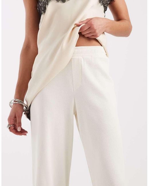 4th & Reckless White Cotton Rich Ribbed High Waisted Wide Leg Relaxed Trousers Co-ord