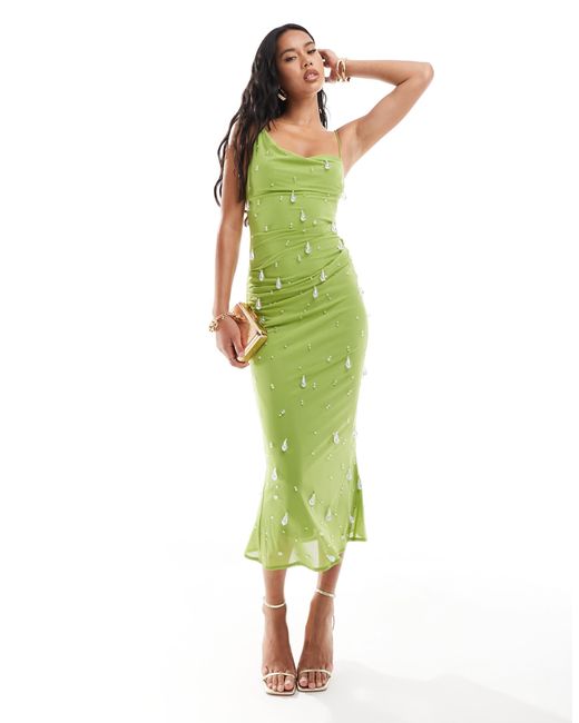 green emerald velvet dress Rent ASOS DESIGN Asymmetric Ruched Midi Dress In Frosty Green