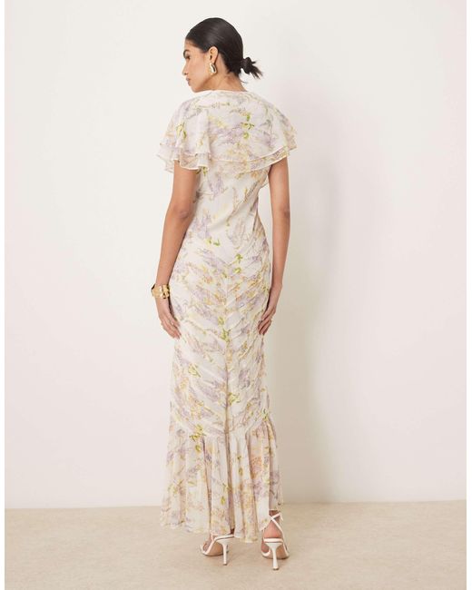 ASOS Natural Pintuck Maxi Dress With Cape Flutter Sleeve