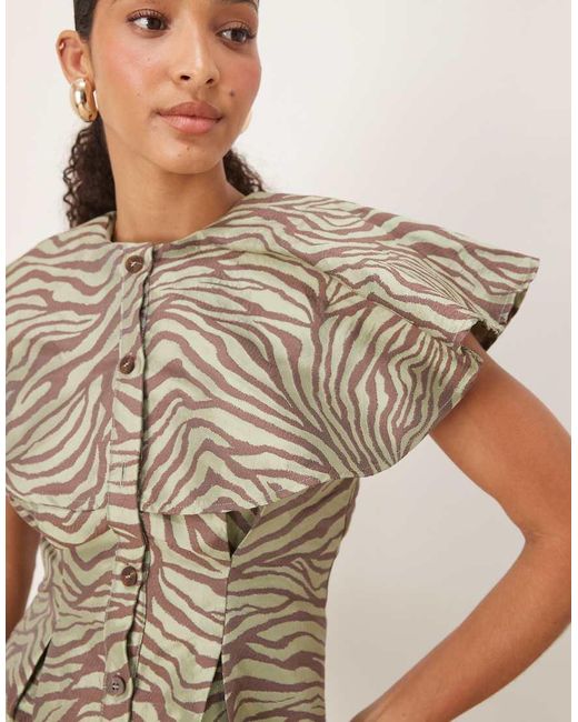 Ghospell Natural Jacquard Button Front Mini Dress