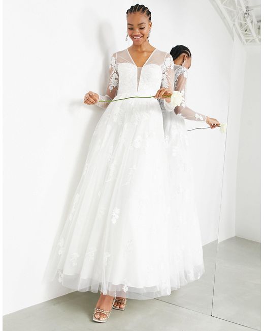 ASOS Synthetik – aurora – langärmliges kleid mit stickerei und tiefem  ausschnitt in Weiß | Lyst DE