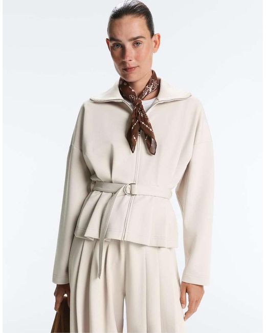 Oysho Natural Piqué Jacket With Belt And Pleat Detail With Cotton
