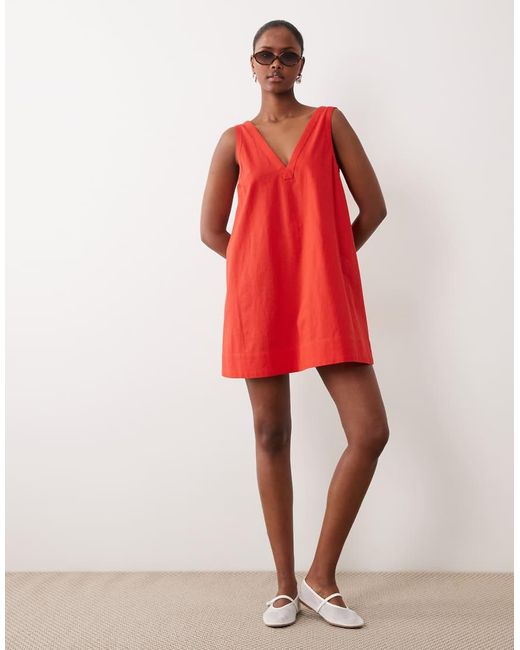 ASOS Red Cotton Linen V Neck Smock Mini Dress