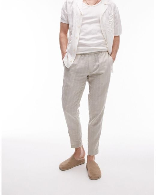 Pantalon fuselé texturé en lin mélangé à rayures - taupe Topman pour homme en coloris White