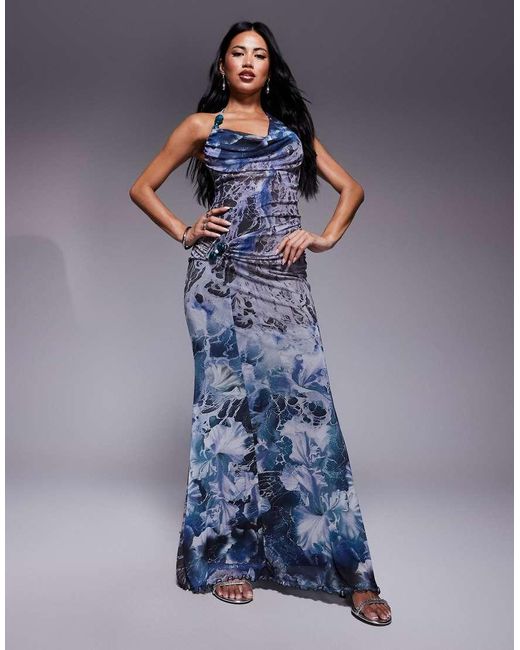 ASOS Blue Printed Halter Maxi Dress With Trim Detail