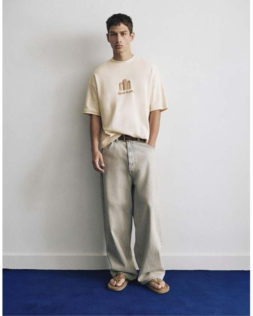 Pull&Bear Natural Heavyweight Short Sleeve Graphic T-shirt for men
