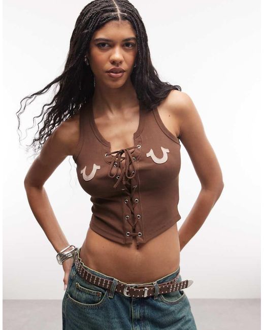 True Religion Brown Applique Ribbed Lace Up Tank Top