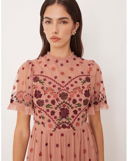 Maya Pink Embroidered High Neck Maxi Dress