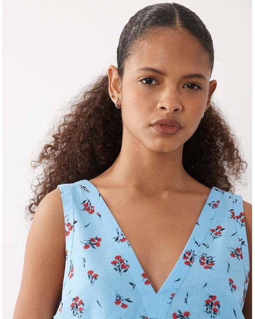 ASOS Blue Cotton Linen V Neck Smock Mini Dress