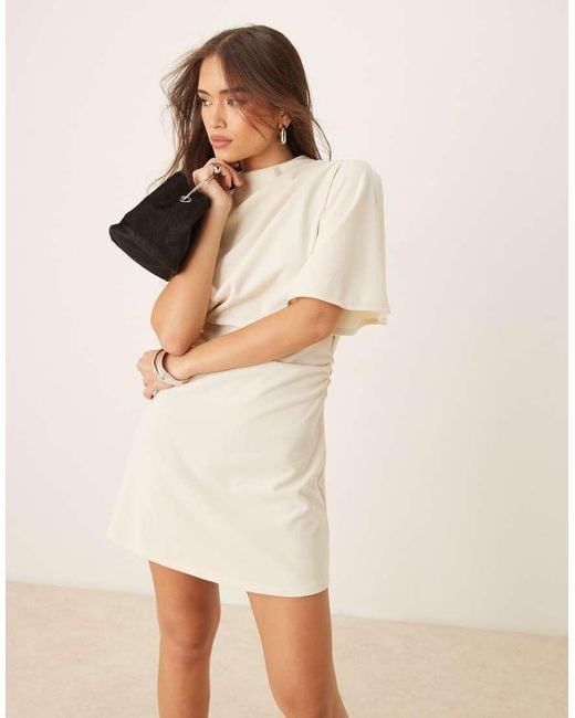 ASOS Natural Flutter Sleeve Ruched Side Mini Dress