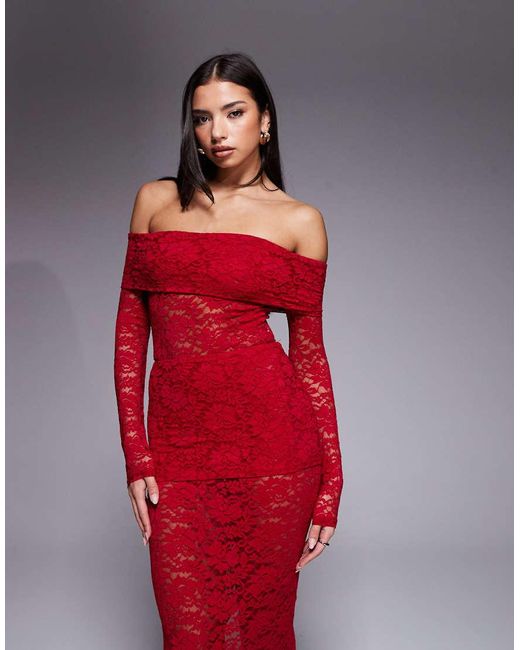 Murci Red Exclusive Sheer Lace Bardot Bodysuit And Foldover Waist Maxi Skirt Set