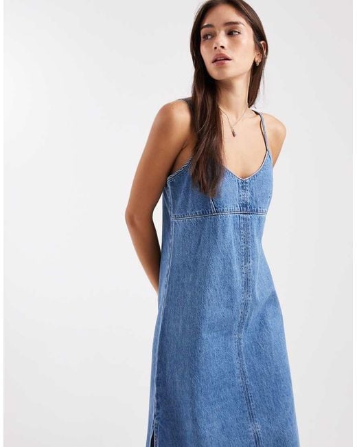 Levi's Blue 90's Denim Midi Slip Dress With Lace Hem