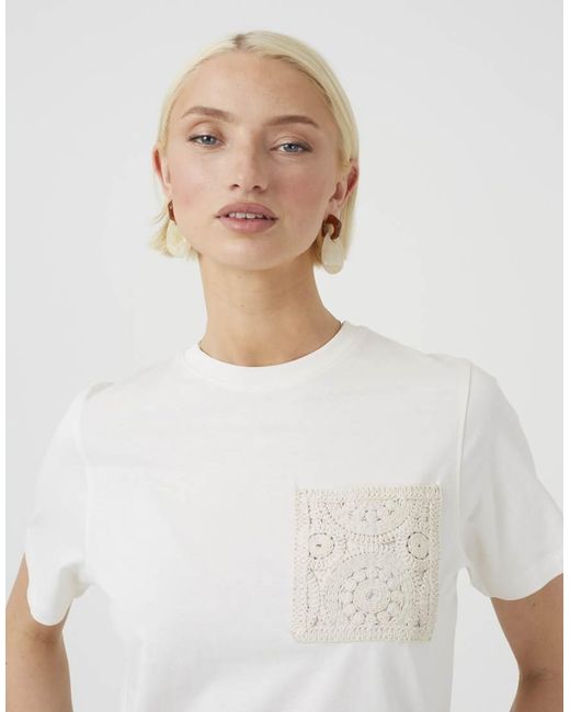 Brave Soul White Cotton T-Shirt With Crochet Chest Pocket