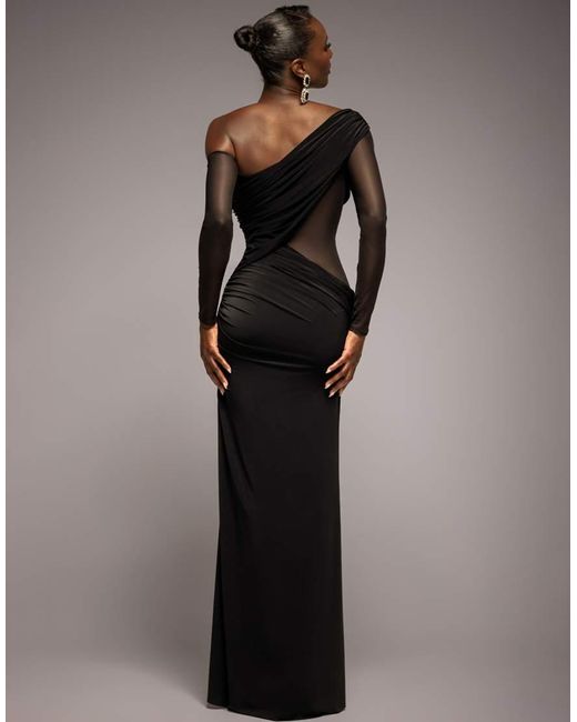Goddiva Gray Gathered Cowl Asymmetric Mesh And Soft Touch Maxi Dress