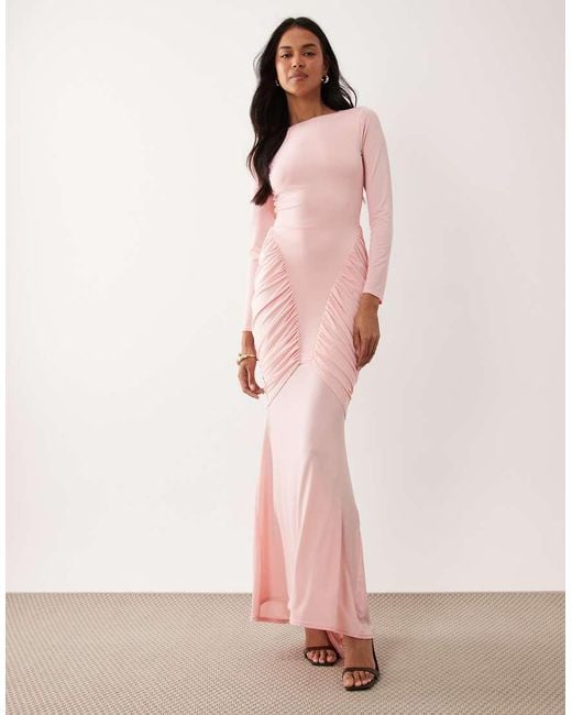 TFNC London Pink Slinky Ruched Detail Long Sleeve Maxi Dress