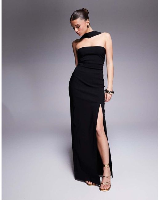 Vesper Blue Bengaline Choker Neck Detail Bandeau Side Split Maxi Dress