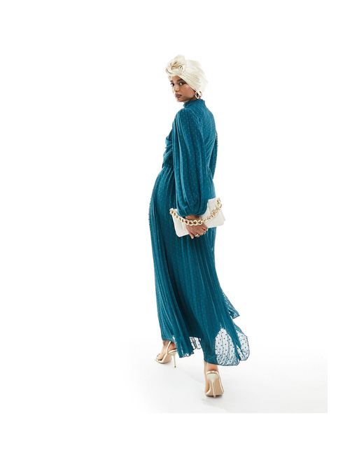 ASOS Blue High Neck Wrap Bodice Pleated Dobby Wrap Maxi Dress